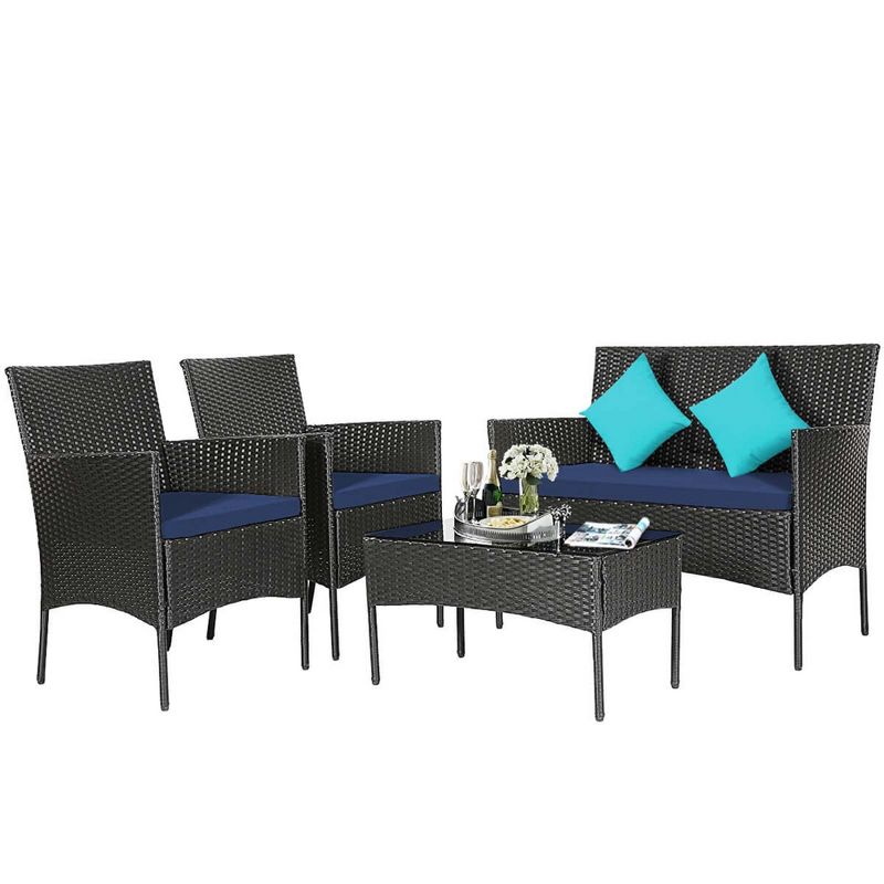 Costway 4PCS Patio Rattan Furniture Set Cushioned Sofa Coffee Table Backyard Turquoise/Red/White/Grey/Navy, 2 of 11