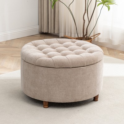 Wovenbyrd Prescott 28" Large Round Pintucked Storage Ottoman with Lift off lid