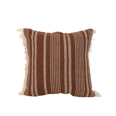 20" x 20" Hand Woven Brown Stripe Outdoor Polyester Accent Throw Pillow w/ White Fringe