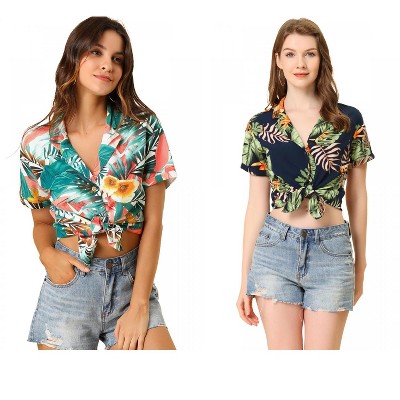 Allegra K Women's Hawaiian Floral Leaves Printed Short Sleeve Button Down Vintage Shirt 2 Pcs