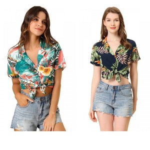 Allegra K Women's Hawaiian Floral Leaves Printed Short Sleeve Button Down Vintage Shirt 2 Pcs - 1 of 4