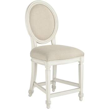 55 Downing Street Aiden Wood Bar Stool Cream 23 1/2" High Farmhouse Rustic Almond Linen Cushion with Backrest Footrest for Kitchen Counter Island Shed