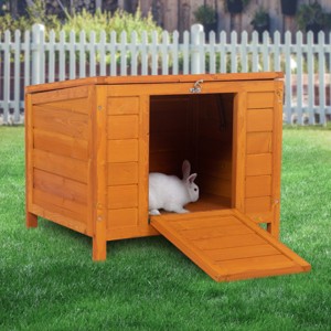 LAOTIES Small Wooden Rabbit Hutch with Ramp,Raised Outdoor Bunny Cage for Small Animals,Weatherproof Fir Wood Shelter with Asphalt Roof - 1 of 4