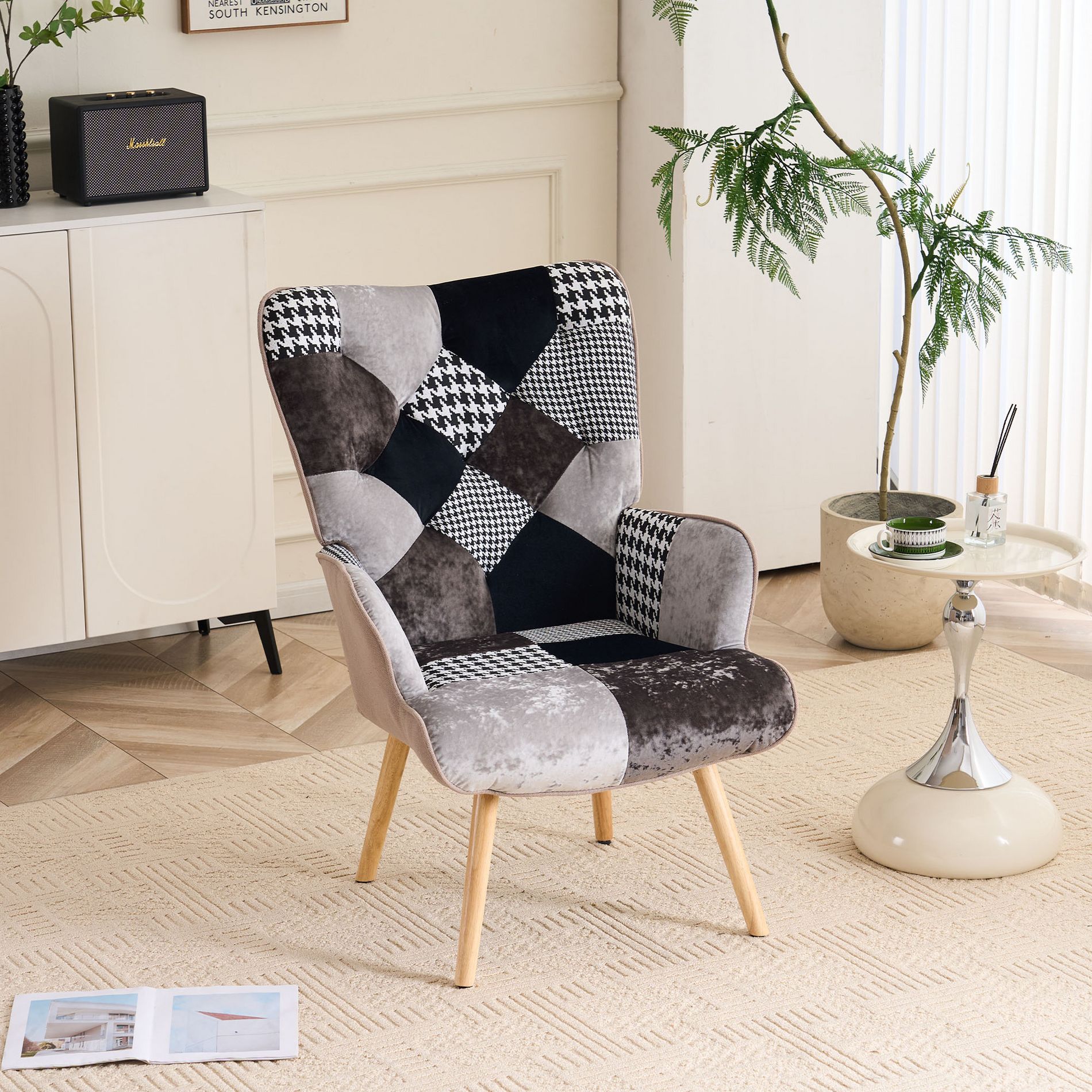 FERPIT Patchwork Upholstered Wingback Accent Chair with Rubberwood Legs, Houndstooth Patchwork