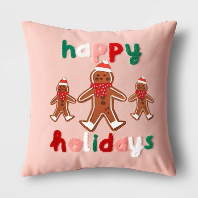 16x16 Reversible 'Happy Holidays' Gingerbread Men to Polka Dot Square  Christmas Throw Pillow Pink/Red - Wondershop™