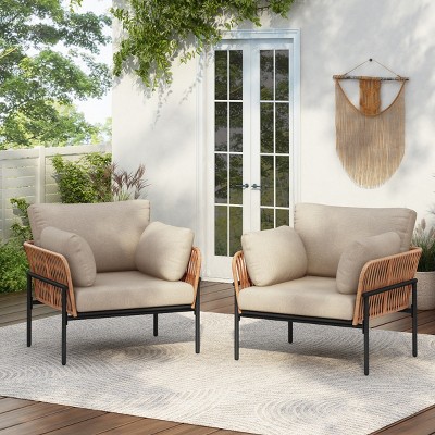 Modern Outdoor Lounge Chair, 36" Iron Lounge Chair with Rope Weave Design, Chairs with Iron Legs and PE Cushions-Coolbibila