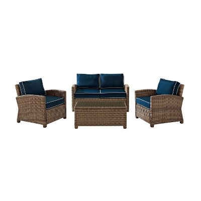 Navy and Brown 4-Piece Wicker Patio Loveseat Set