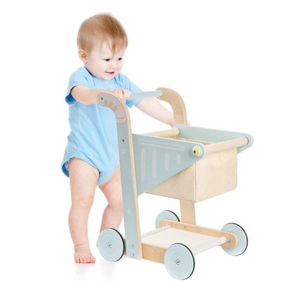 ROBOTIME Wooden Baby Push Walker Baby Wooden Shopping Cart Toy for Toddler Kids,Learning Walking for 10 Month +,Blue,14.43''*10.92''*18.92''
