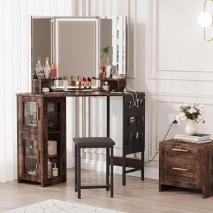 Corner Vanity Desk and Stool, Corner Makeup Vanity with Light Bulbs/ LED Lighted Mirror Charging Station and Cabinet for Bedroom - 1 of 4