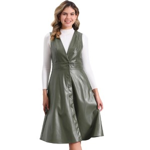 Allegra K Women's Faux Leather V Neck Sleeveless Button Down Party Midi Dress - 1 of 4