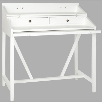 White Wood Transitional Desk with Drawers and Hutch