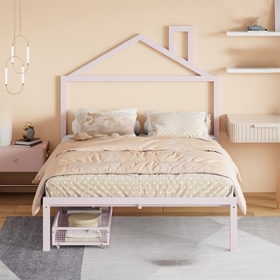 Full Size Bed Frames With House Shaped Headboard, 2 Drawers, Platform Bed Frame, Metal Platform Bed Frame, Mattress Foundation For Bedroom Living Room