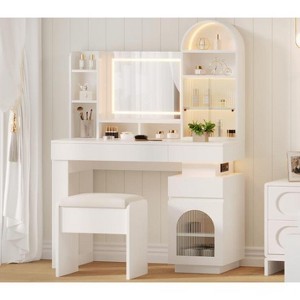 Vanity Desk with Lighted Mirror, Makeup Vanity Table with 3 Storage Drawers and 11 Shelves - 1 of 4