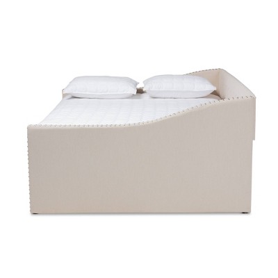 Beige Upholstered Full Size Daybed with Trundle and Nailhead Trim
