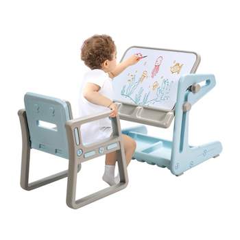 Tangkula 2 in 1 Kids Drawing Table and Chair Set Adjustable Drawing Board with Storage Space