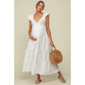 maternity ruffle maxi dress Yellow Polka Dot Short Sleeve Lace V-Neck Ruffle Hem Maternity Maxi Dr   PinkBlush