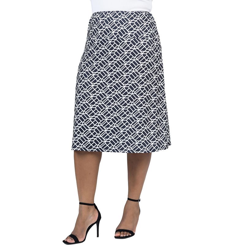 24seven Comfort Apparel Plus Size Black Geometric Print Comfortable Elastic Waist Knee Length Skirt, 5 of 7