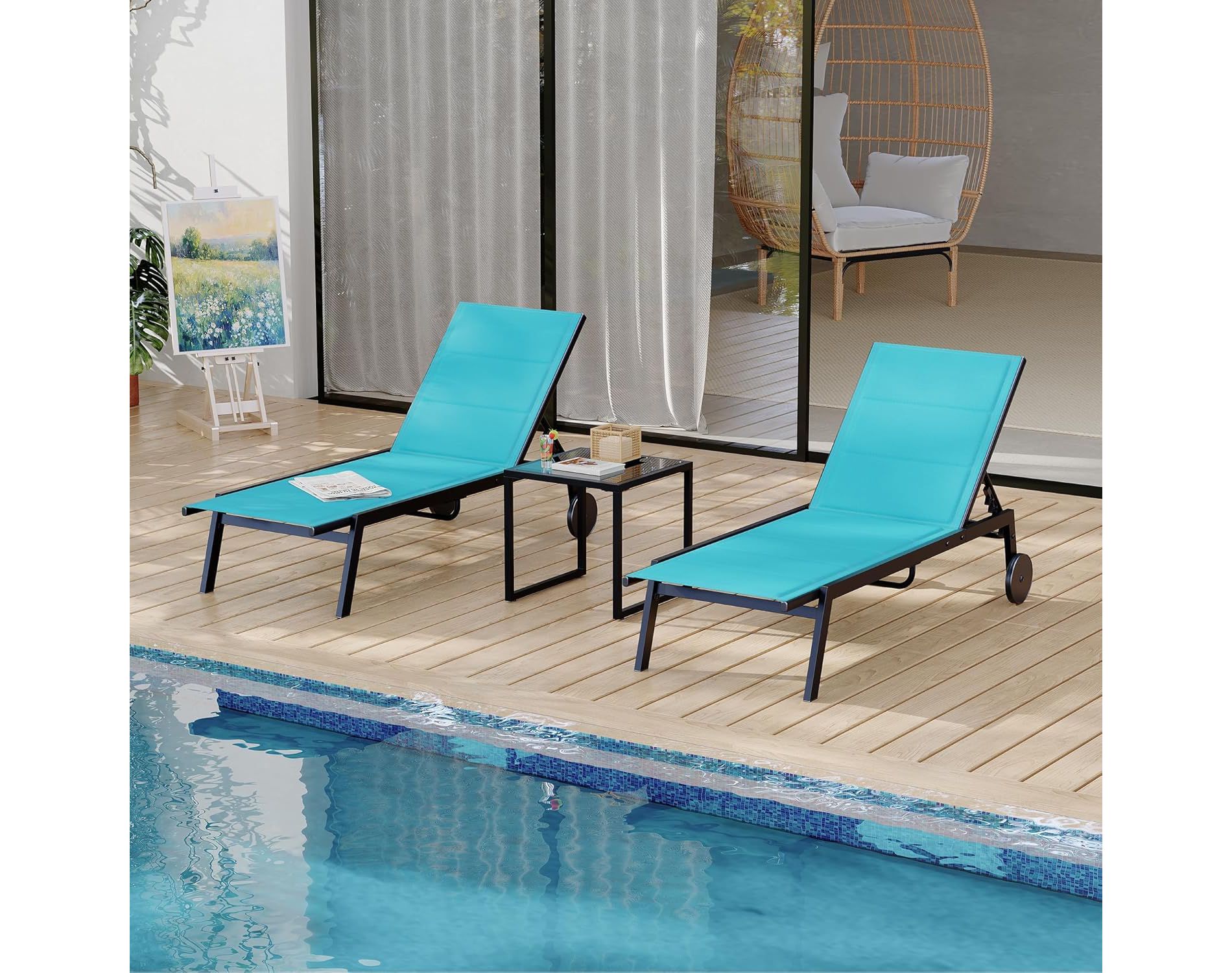 coucheta 2 Patio Textile Chaise Lounge Chairs with Side Table, Outdoor Chaise Lounge Set, 5-Level Backrest Pool Loungers on Wheel, Sunbathing Chair