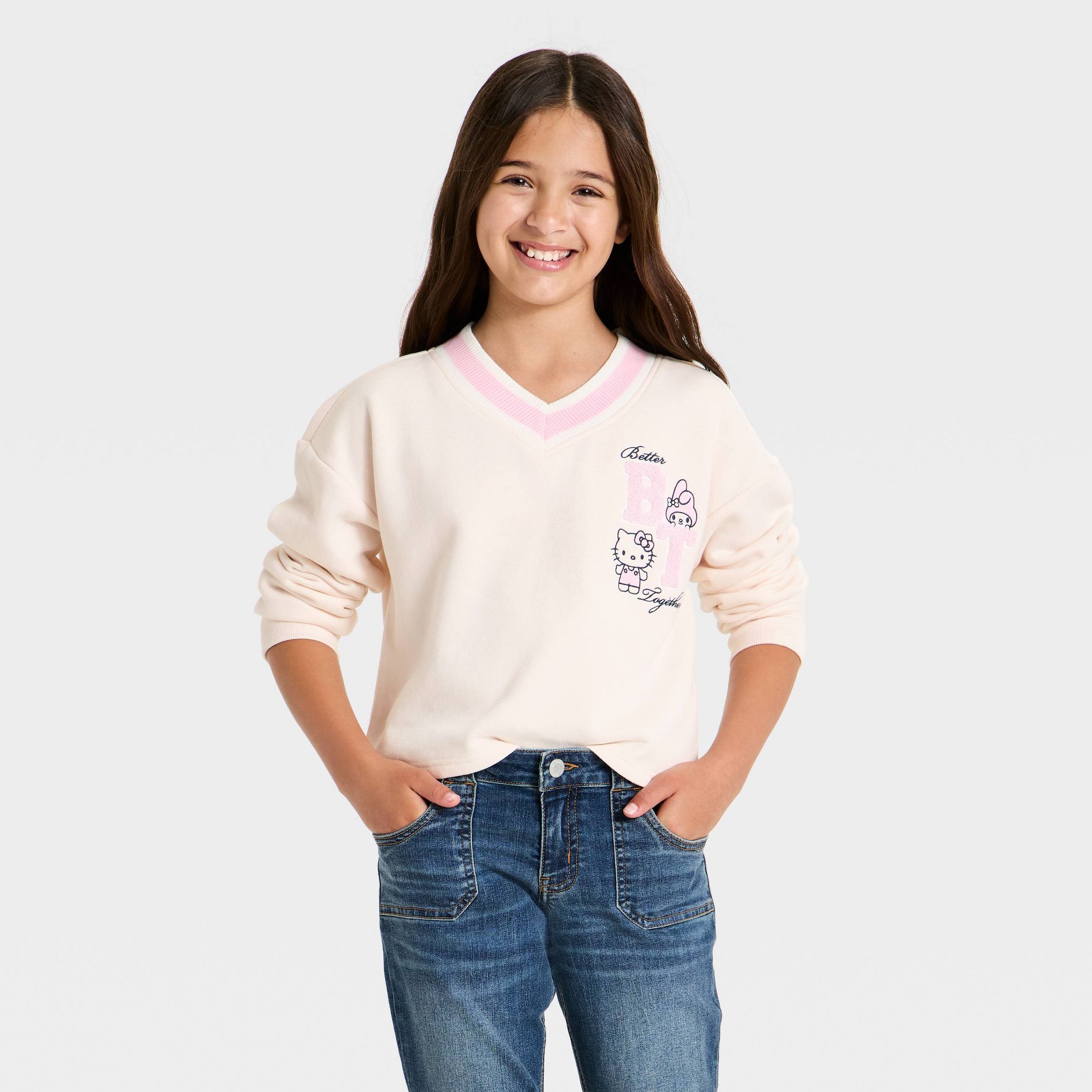 Girls' Hello Kitty and Friends Fleece Front & Back Graphic V-Neck Sweatshirt - Cream