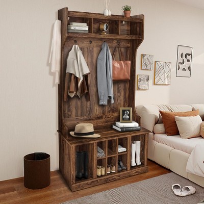 5-in-1 Entryway Hall Tree with Top Shelf, Entryway Bench with Shoe Bench and Coat Rack, with 8 Shoe Storage Cube and 6 Hanging Hooks Coat Rack