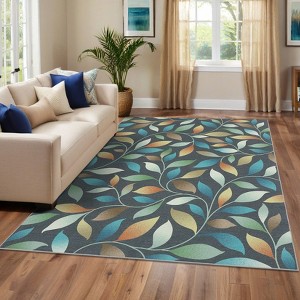 Modern Machine Washable Floral Area Rug 10 x 13 Non Slip Leaf Print Contemporary Living Room Carpet Low Pile Soft Foldable Botanical Floor Cover - 1 of 4