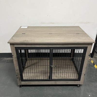 DOMETOUR Furniture Style Dog Crate Side Table on Wheels with Double Doors and Lift Top.Grey,38.58''w x 25.5''d x 27.36''h.