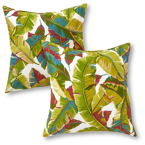 Set Of 2 Palm Leaves Multi Outdoor Square Throw Pillows