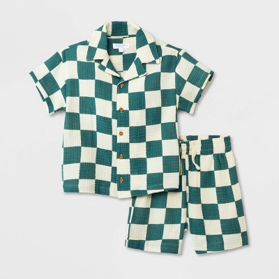 2pcs Baby Boy 95% Cotton Short-sleeve Plaid Shirt and Belted Shorts Set