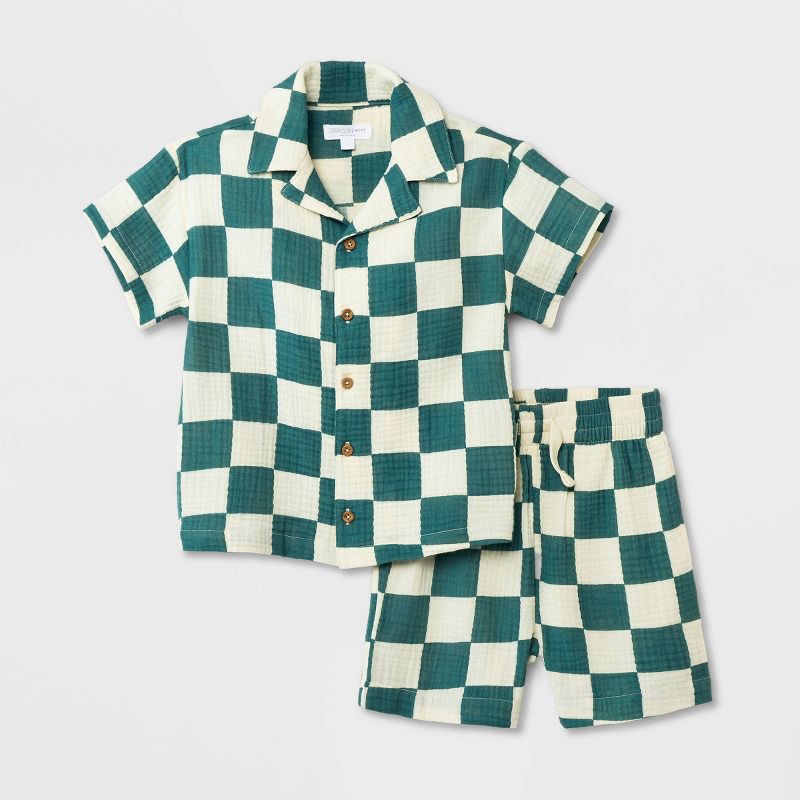 Grayson Mini Toddler Boys' Short Sleeve Checkered Button-Down Shorts Set - Green, 1 of 9
