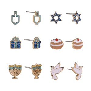 Hallmark 6-Pair Holiday Earring Set - Festive Hanukkah Studs for Every Night - 1 of 4