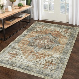Pearl Velvet Boho Vintage Area Rug Machine Washable, Non Slip, Stain Resistant Printed Carpet, Bedroom Kitchen Aesthetic Low Pile Floor Rug - 1 of 4