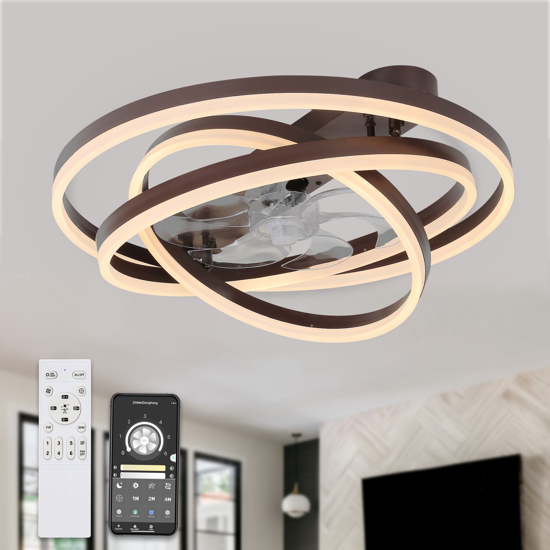 Bella Depot 24" Modern Coffee Flush Mount Ceiling Fan with Dimmable Light, 6-Speed Reversible with Remote and APP Control