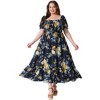 Women's Plus Size Floral Smocked Waist Tiered Square Neck Short Sleeve Casual Maxi Dresses - Agnes Orinda - 3 of 4