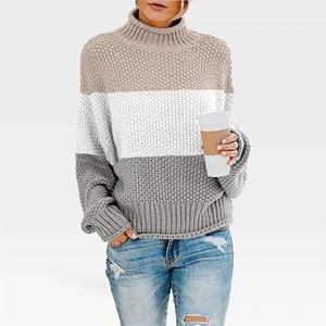 Womens Turtle Neck Sweaters Loose Fit Chunky Pullovers Half Brioche Knit Color Block Sweater Mock Neck Reverse Cuffed Warm Cozy Tops - 1 of 4