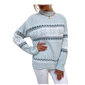 Women's Fair Isle Pattern Mock Neck Sweater - Loose Fit Knit Pullover for Casual Winter Wear - 1 of 2