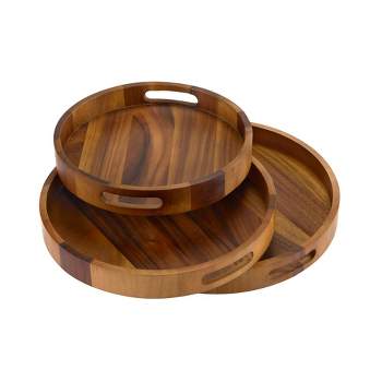 Kalmar Home Solid Acacia Wood Set of 3 Round Serving Trays - Solid Bottom