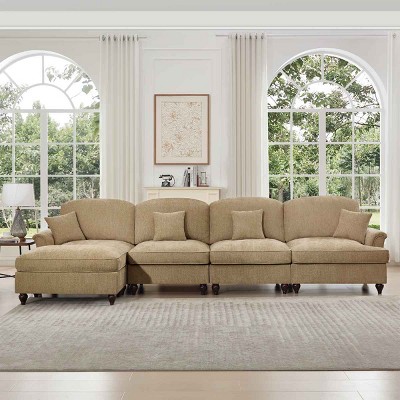 L-Shaped Sectional Sofa with Ottoman, 4-Seater Sofa with Removable Ruffle Skirt and Flared Arms, Chenille Sofa with Cushion-Coolbibila