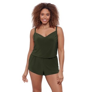Aqua Green, Women's Vneck Blouson Romper - 1 of 3