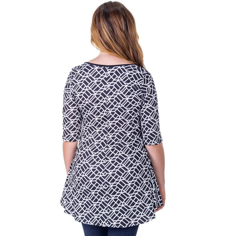 24seven Comfort Apparel Womens Black Geometric Print Elbow Sleeve Casual Tunic Top, 3 of 9