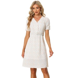 Allegra K Women's Spring Summer Floral Short Sleeve V Neckline Belted Knee Lenth Dress - 1 of 4