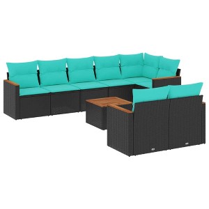 vidaXL 9 Piece Garden Sofa Set with Cushions Grey Poly Rattan - Black and Blue With Table - 1 of 4