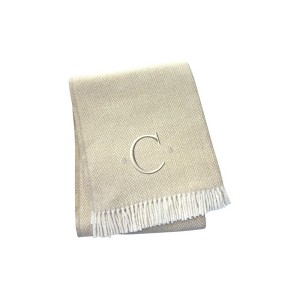 HomeRoots 55" X 70" Linen And White Herringbone Cotton Blend C Initial Throw Blanket with Tassels And Embroidery - 1 of 4