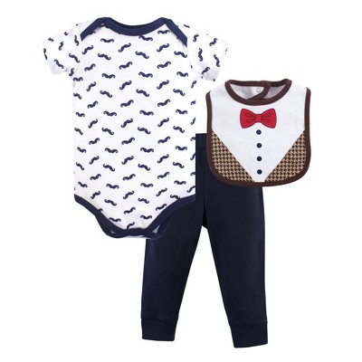 Hudson Baby Infant Boy Cotton Bodysuit, Pant and Bib Set, Bow Tie