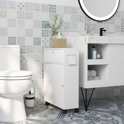 White Slim Bathroom Cabinet with Adjustable Shelving and Wheels