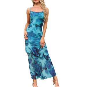 INSPIRE CHIC Women's Floral Mesh Ruffled Square Neck Sleeveless Bodycon Cami Maxi Dresses - 1 of 4