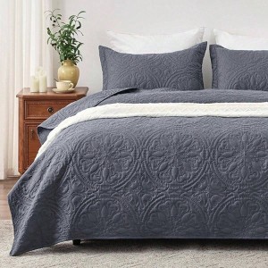 Full Queen Size Bluish Grey 3 - Piece Quilt Set, Lightweight Soft Coverlet with Mandala Flower Pattern for All Seasons. - 1 of 4