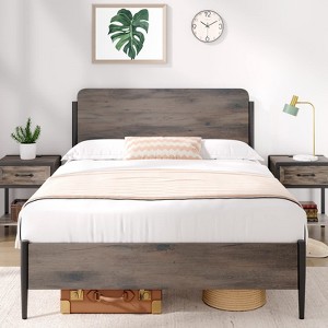 Garvee Full/Queen Bed Frame with Wooden Headboard and Footboard, No Box Spring Needed, Easy to Assemble Noise Free Mattress Foundation,Walnut Color - 1 of 4