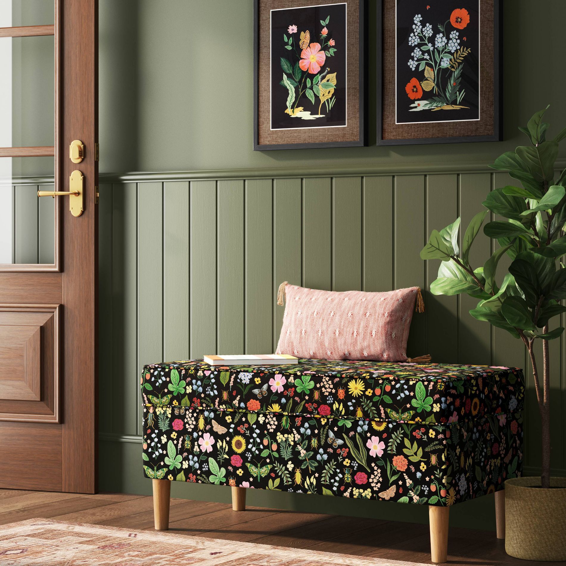Rifle Paper Co. x Target Storage Bench Curio: Floral Upholstered, Pine Frame, No Assembly Required
