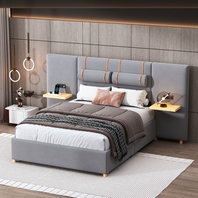 NicBex Full/Queen Size Velvet Upholstered Bed Frame with 2 Bedside Pillows,Platform Bed Frame with Storage Shelves and Charging Station,Easy Assembly