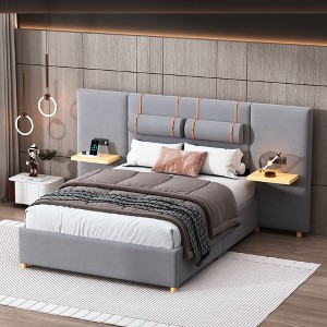 NicBex Full/Queen Size Velvet Upholstered Bed Frame with 2 Bedside Pillows,Platform Bed Frame with Storage Shelves and Charging Station,Easy Assembly - 1 of 4